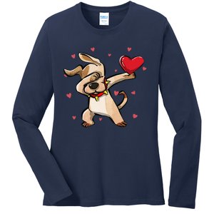 Funny Dabbing Dog Heart Valentine's Day Gifts Ladies Long Sleeve Shirt