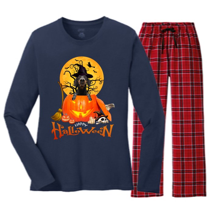 Funny Dachshund Dog Spooky Halloween Women's Long Sleeve Flannel Pajama Set 