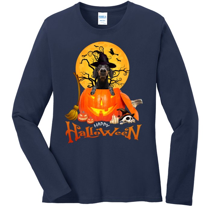 Funny Dachshund Dog Spooky Halloween Ladies Long Sleeve Shirt