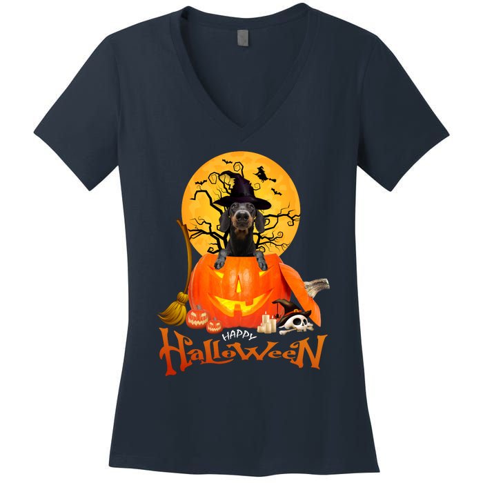 Funny Dachshund Dog Spooky Halloween Women's V-Neck T-Shirt