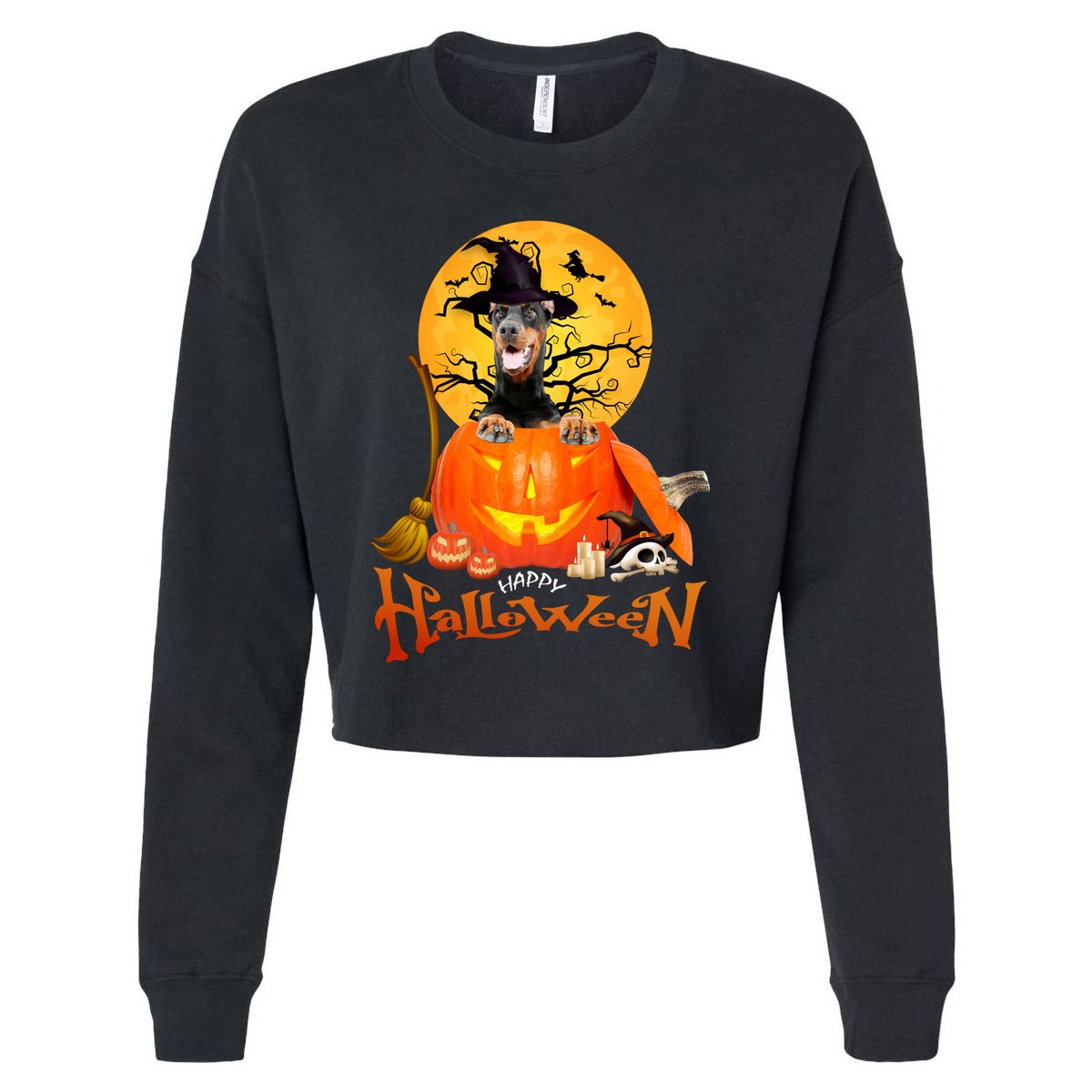 Funny Dobermann Dog Spooky Halloween Cropped Pullover Crew