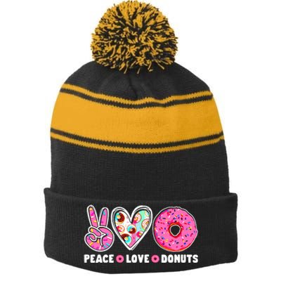 Funny Doughnut Day Donut Lover Peace Love Donuts Boy Girl Stripe Pom Pom Beanie