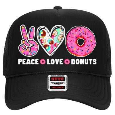 Funny Doughnut Day Donut Lover Peace Love Donuts Boy Girl High Crown Mesh Back Trucker Hat