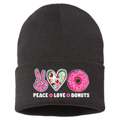 Funny Doughnut Day Donut Lover Peace Love Donuts Boy Girl Sustainable Knit Beanie