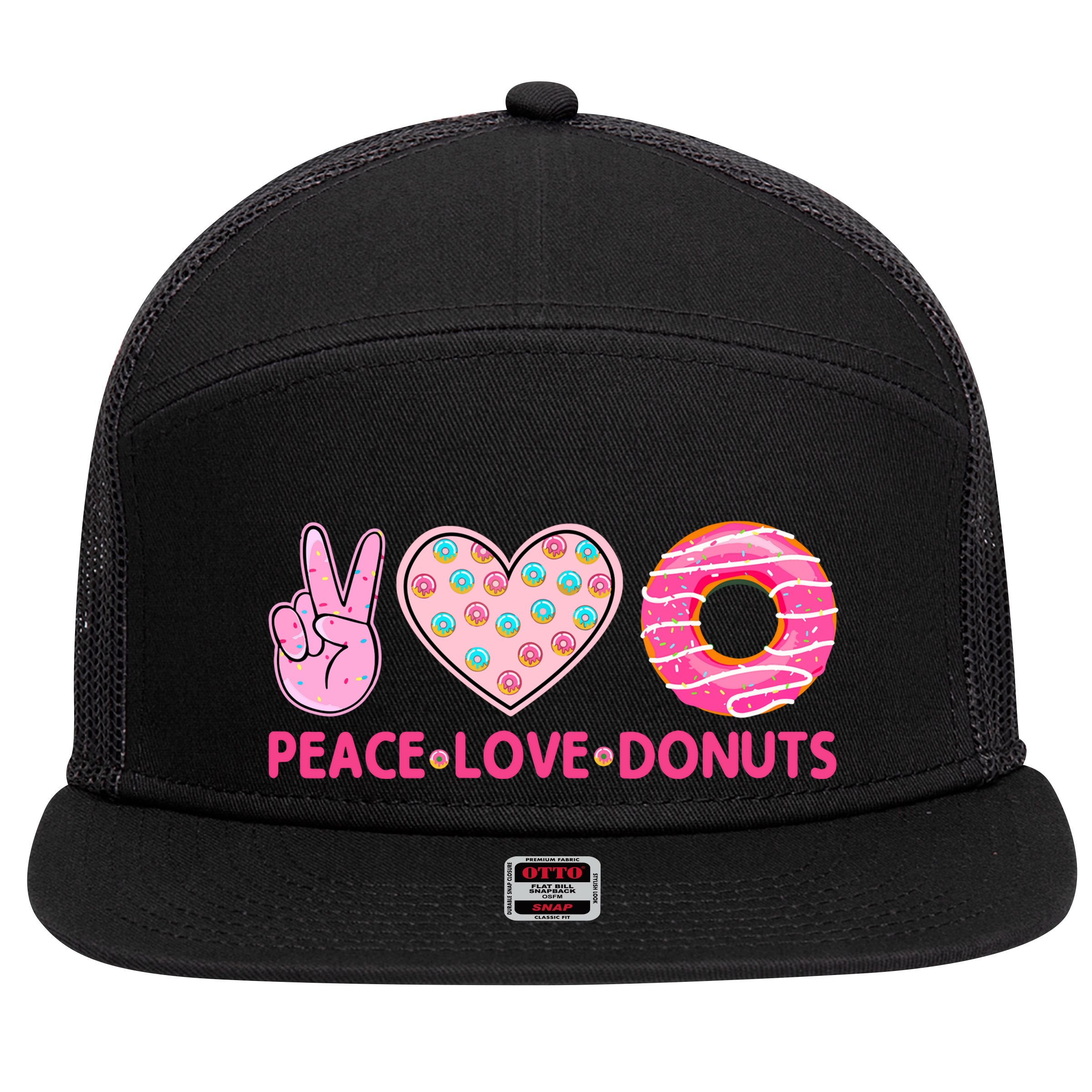 Funny Doughnut Donut Lover Peace Love Donuts Themed 7 Panel Mesh Trucker Snapback Hat