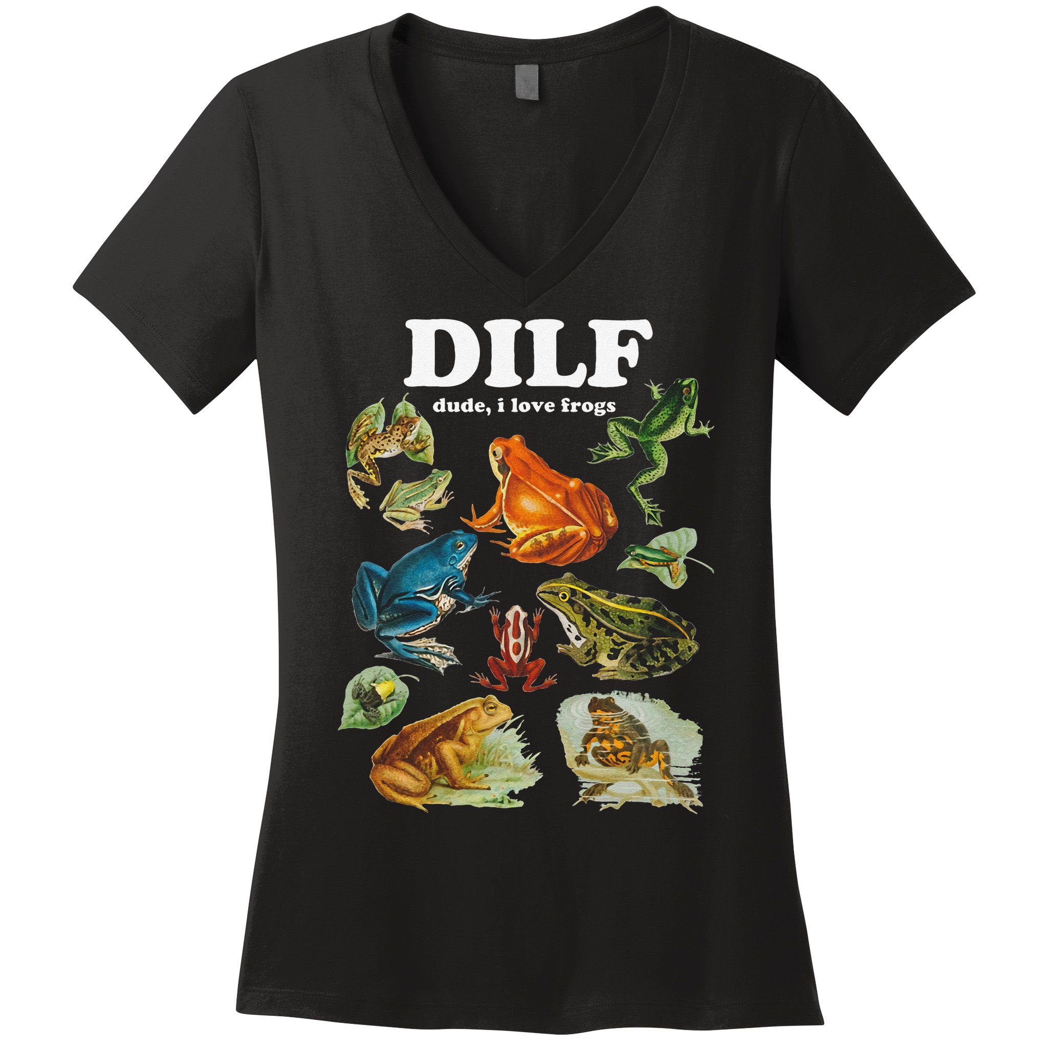 Funny DILF Damn I Love Frogs Cottagecore Aesthetic Women's V-Neck T-Shirt