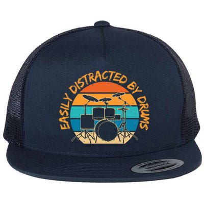 Funny Drummer Easily Distracted By Drums Set Flat Bill Trucker Hat