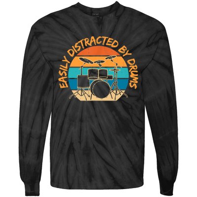 Funny Drummer Easily Distracted By Drums Drum Set Drumming Tie-Dye Long Sleeve Shirt