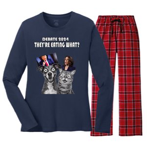 Funny Debate Election 2024 Pets Dog Cat TheyRe Eating What Women's Long Sleeve Flannel Pajama Set 