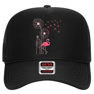 Flower Dandelion Exotic Animal Tropical Bird Pink Flamingo High Crown Mesh Back Trucker Hat