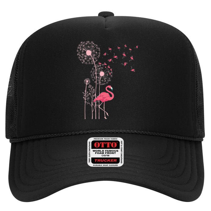 Flower Dandelion Exotic Animal Tropical Bird Pink Flamingo High Crown Mesh Back Trucker Hat