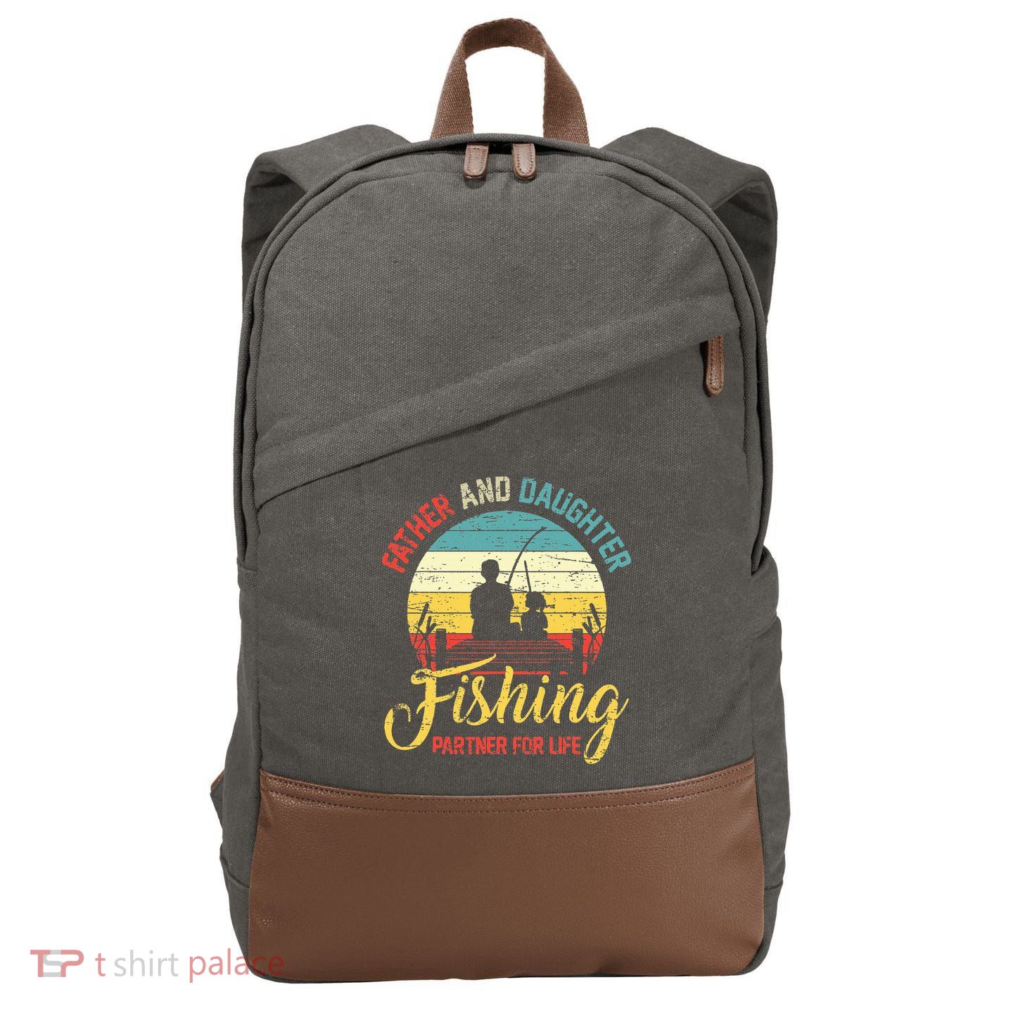 Father Daughter Fishing Partner For Life Retro Matching Dad Cotton Canvas Backpack