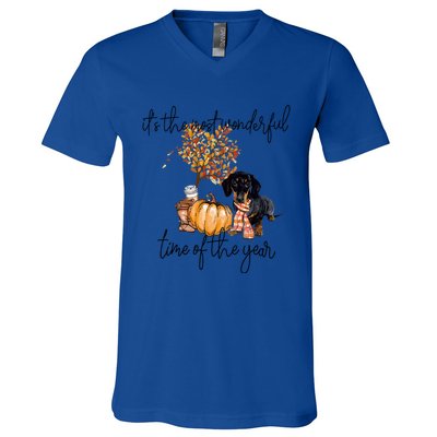 Funny Dachshund Fall Pumpkin Most Wonderful Time Of The Year Gift V-Neck T-Shirt