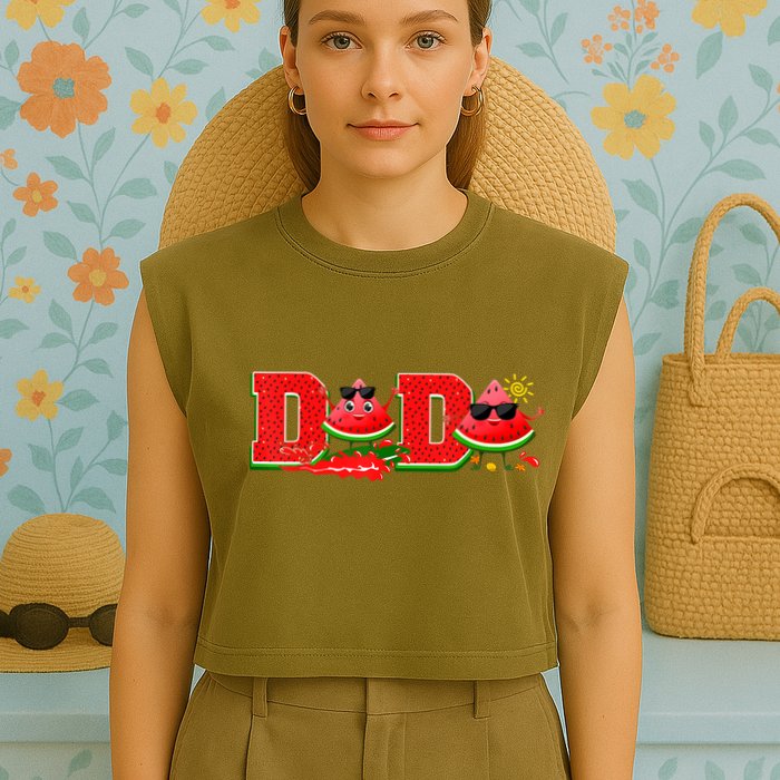 Funny Dada Family Matching Surfing Watermelon Summer Vibes Garment-Dyed Women's Muscle Tee