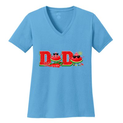 Funny Dada Family Matching Surfing Watermelon Summer Vibes Women's V-Neck T-Shirt