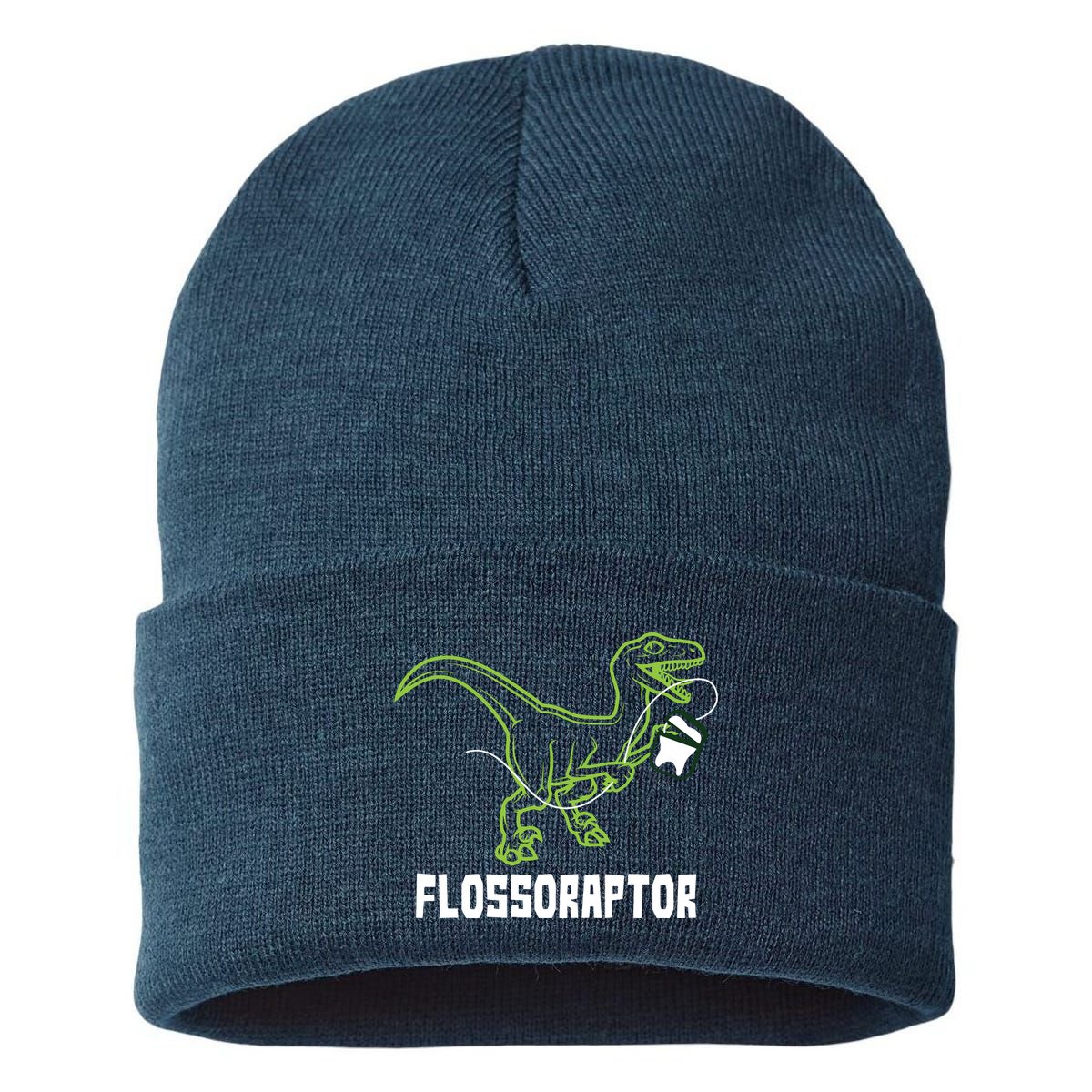 Flossoraptor Dinosaur Funny Pediatric Dentist Sustainable Knit Beanie
