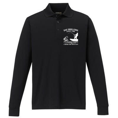 Father's Day Fishing Here Fishy Funny Fisherman Dad Performance Long Sleeve Polo