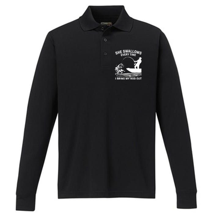 Father's Day Fishing Here Fishy Funny Fisherman Dad Performance Long Sleeve Polo