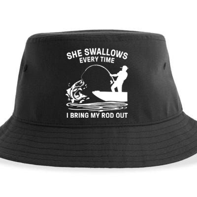 Father's Day Fishing Here Fishy Funny Fisherman Dad Sustainable Bucket Hat