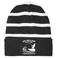 Father's Day Fishing Here Fishy Funny Fisherman Dad Striped Beanie with Solid Band