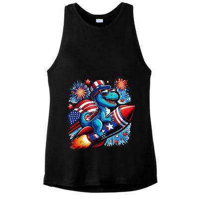 Funny Dinosaur Firecracker 4th Of July Patriotic Dino Ladies PosiCharge Tri-Blend Wicking Tank