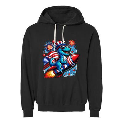 Funny Dinosaur Firecracker 4th Of July Patriotic Dino Garment-Dyed Fleece Hoodie