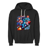 Funny Dinosaur Firecracker 4th Of July Patriotic Dino Garment-Dyed Fleece Hoodie
