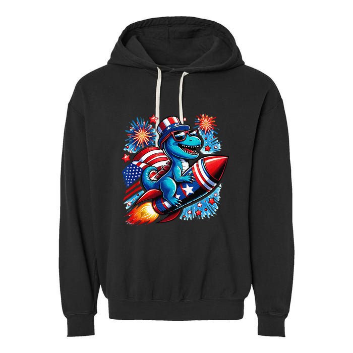 Funny Dinosaur Firecracker 4th Of July Patriotic Dino Garment-Dyed Fleece Hoodie