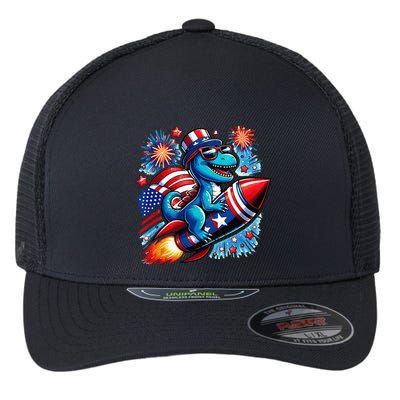 Funny Dinosaur Firecracker 4th Of July Patriotic Dino Flexfit Unipanel Trucker Cap