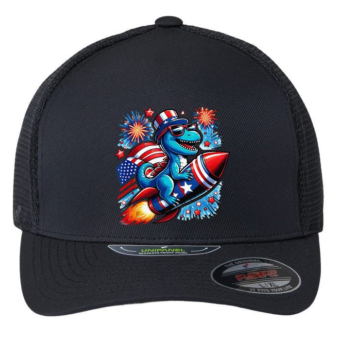 Funny Dinosaur Firecracker 4th Of July Patriotic Dino Flexfit Unipanel Trucker Cap