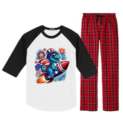 Funny Dinosaur Firecracker 4th Of July Patriotic Dino Raglan Sleeve Pajama Set