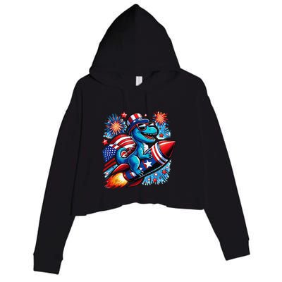 Funny Dinosaur Firecracker 4th Of July Patriotic Dino Crop Fleece Hoodie