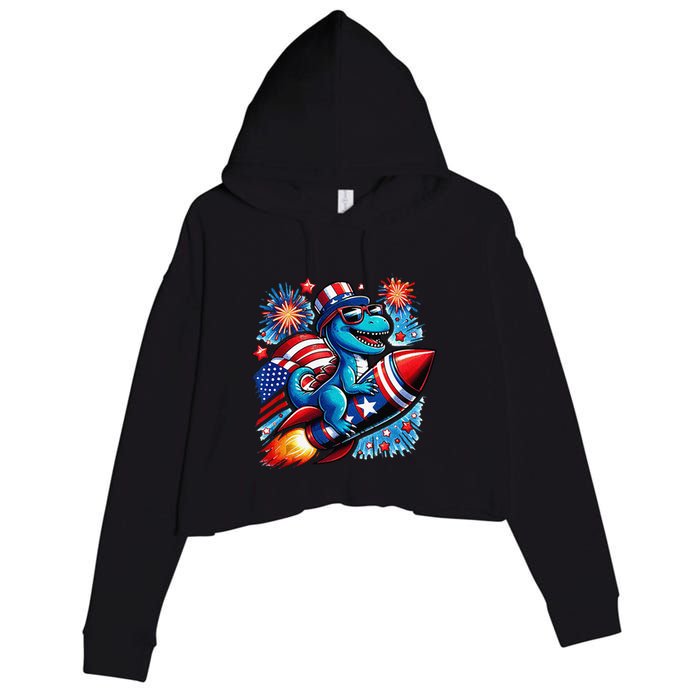 Funny Dinosaur Firecracker 4th Of July Patriotic Dino Crop Fleece Hoodie