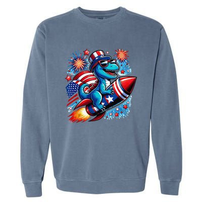 Funny Dinosaur Firecracker 4th Of July Patriotic Dino Garment-Dyed Sweatshirt