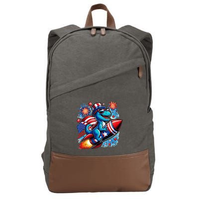 Funny Dinosaur Firecracker 4th Of July Patriotic Dino Cotton Canvas Backpack