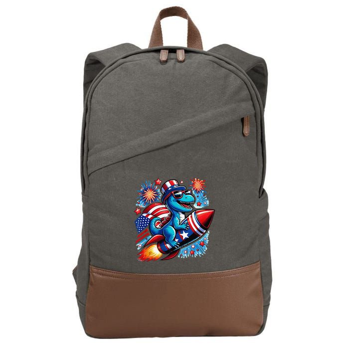 Funny Dinosaur Firecracker 4th Of July Patriotic Dino Cotton Canvas Backpack