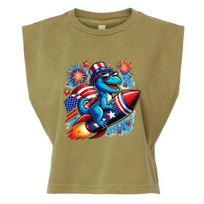Funny Dinosaur Firecracker 4th Of July Patriotic Dino Garment-Dyed Women's Muscle Tee