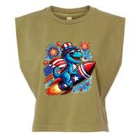 Funny Dinosaur Firecracker 4th Of July Patriotic Dino Garment-Dyed Women's Muscle Tee