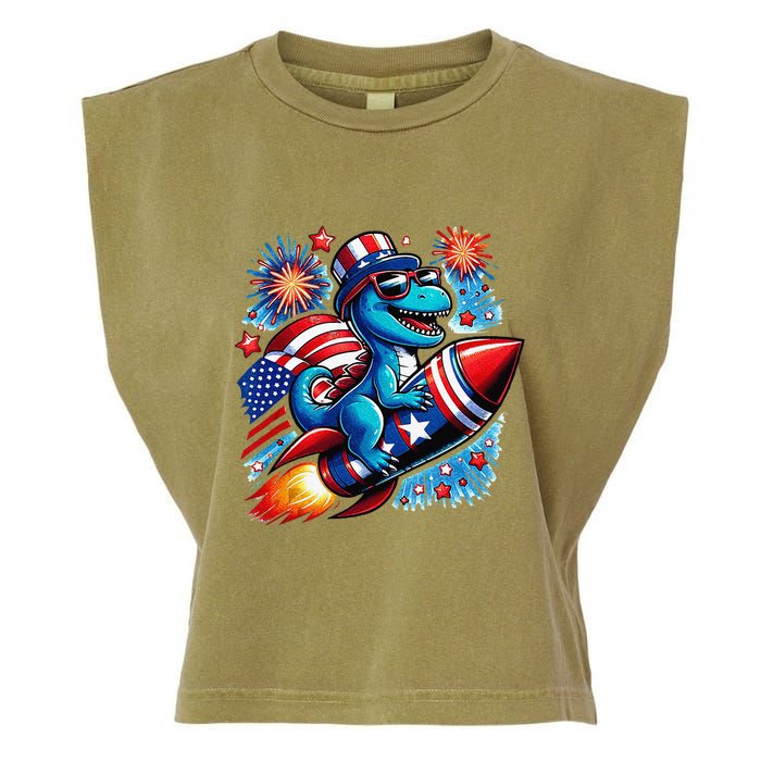 Funny Dinosaur Firecracker 4th Of July Patriotic Dino Garment-Dyed Women's Muscle Tee