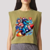 Funny Dinosaur Firecracker 4th Of July Patriotic Dino Garment-Dyed Women's Muscle Tee