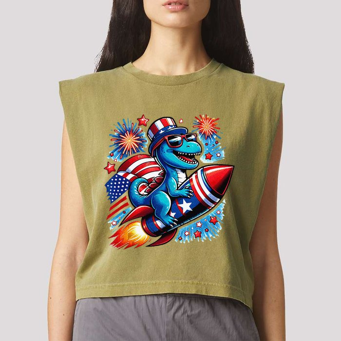 Funny Dinosaur Firecracker 4th Of July Patriotic Dino Garment-Dyed Women's Muscle Tee