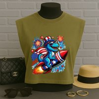 Funny Dinosaur Firecracker 4th Of July Patriotic Dino Garment-Dyed Women's Muscle Tee