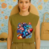Funny Dinosaur Firecracker 4th Of July Patriotic Dino Garment-Dyed Women's Muscle Tee
