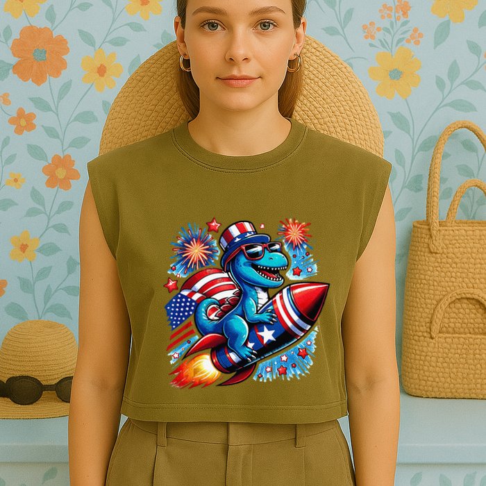 Funny Dinosaur Firecracker 4th Of July Patriotic Dino Garment-Dyed Women's Muscle Tee