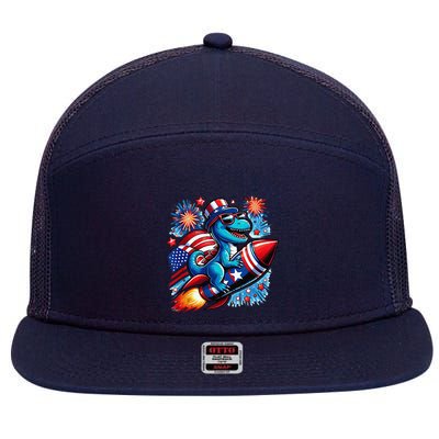 Funny Dinosaur Firecracker 4th Of July Patriotic Dino 7 Panel Mesh Trucker Snapback Hat