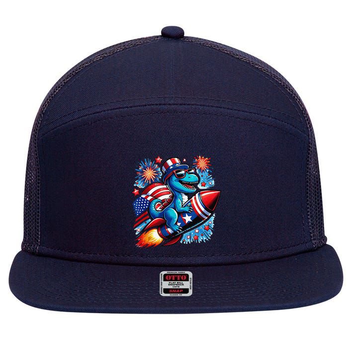 Funny Dinosaur Firecracker 4th Of July Patriotic Dino 7 Panel Mesh Trucker Snapback Hat