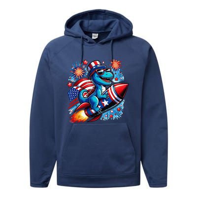 Funny Dinosaur Firecracker 4th Of July Patriotic Dino Performance Fleece Hoodie