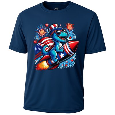 Funny Dinosaur Firecracker 4th Of July Patriotic Dino Cooling Performance Crew T-Shirt