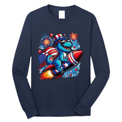 Funny Dinosaur Firecracker 4th Of July Patriotic Dino Long Sleeve Shirt