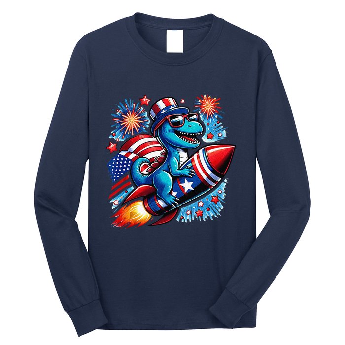 Funny Dinosaur Firecracker 4th Of July Patriotic Dino Long Sleeve Shirt